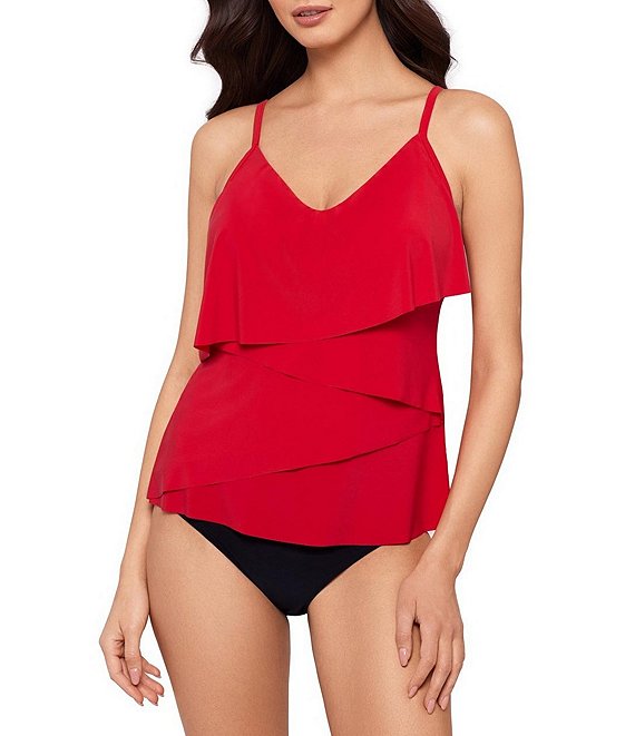 Magicsuit Solid Chloe V-Neck Draped Layered Tankini Swim Top & Solid Jersey Brief Shirred Swim Bottom