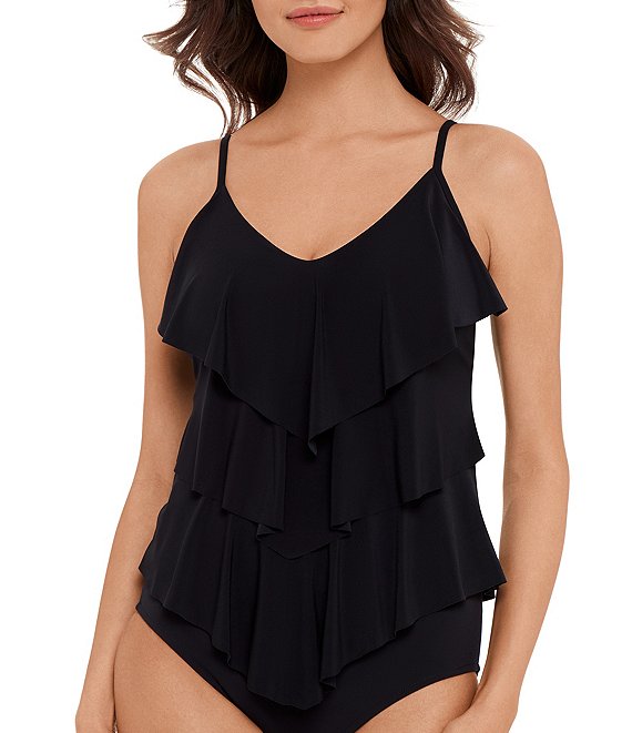 Magicsuit Solid Rita V-Neck Triple Ruffle Tankini Swim Top
