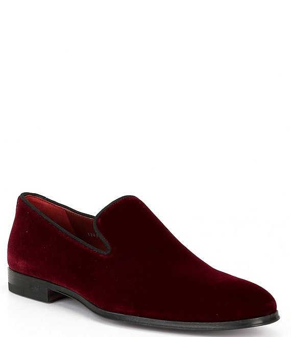 Color:Burgundy - Image 1 - Men's Dorio Venetian Velvet Grosgrain Piping Slip-On Loafers