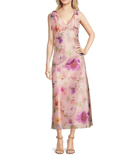 Color:Peony Multi - Image 1 - Floral Print Sleeveless Bow Strap V-Neck Maxi Dress