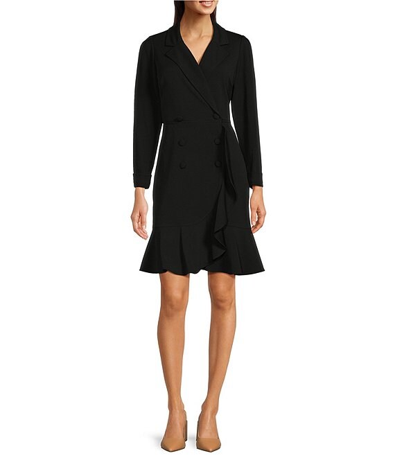 Maison Tara Long Sleeve Notch V-Neck Button Front Crepe Tuxedo Dress ...