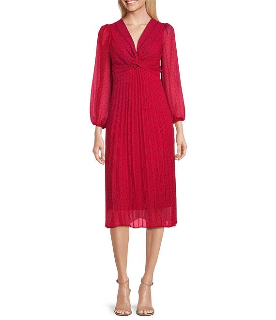 Maison Tara Long Sleeve Twist V-Neck Dotted Chiffon Midi Dress | Dillard's