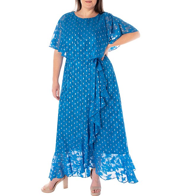 Color:Blue/Silver - Image 1 - Plus Size Foil Chiffon Short Capelet Sleeve Crew Neck Ruffle Skirt Maxi Dress