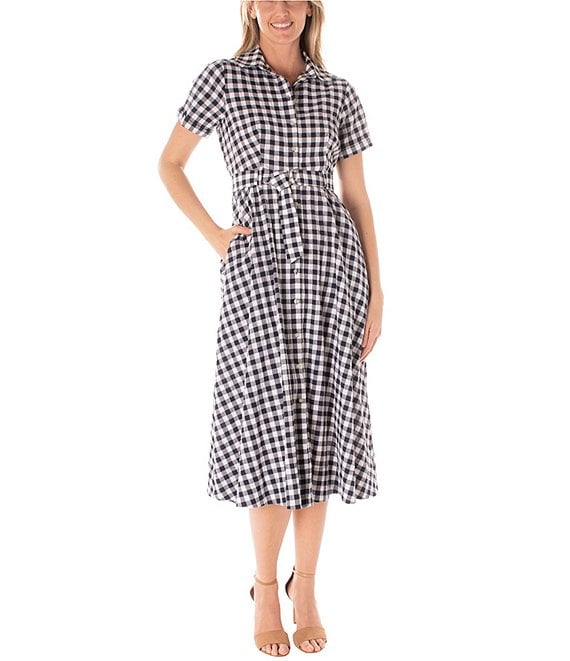 Maison Tara Short Sleeve Collared Neck Belted Gingham Midi Dress ...