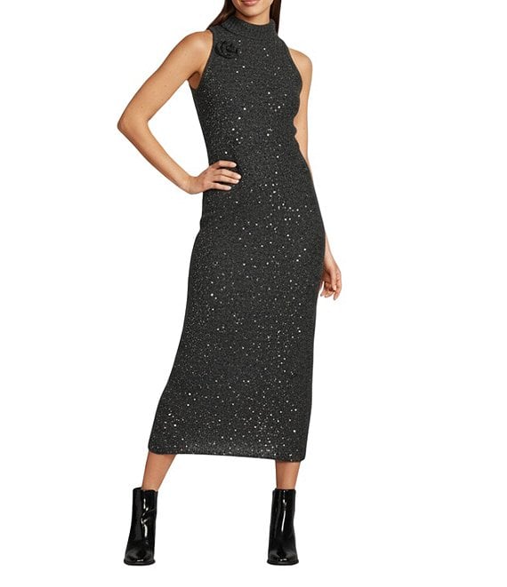 Marella Ilsa Alpaca Wool Blend Sequin Knit Turtleneck Sleeveless Bodycon Maxi Sweater Dress, Melange Grey - Image 1