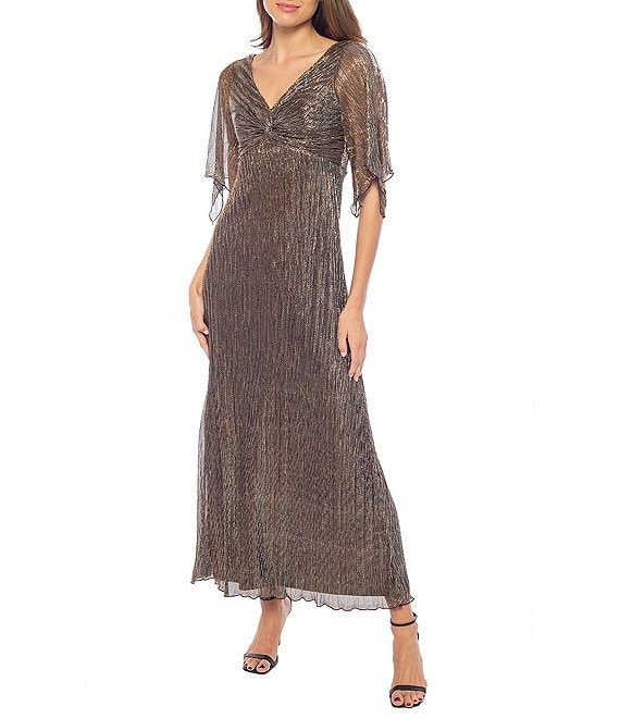 Marina 3/4 Flutter Sleeve V-Neck Knot Front Metallic Gown | Dillard's