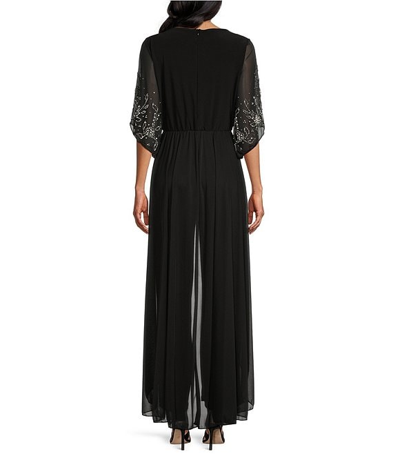 marina chiffon overlay jumpsuit dress Plus Lantern Sleeves Chiffon Overlay Sequin Party Jumpsuit
