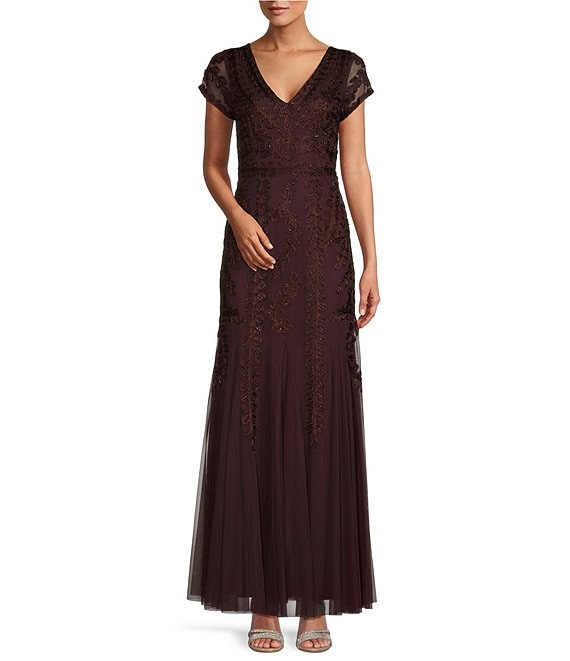 Marina Cap Sleeve V-Neck Long Soutache Lace Gown | Dillard's