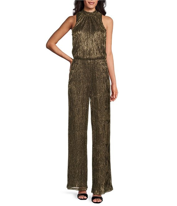 Marina Halter Neck Sleeveless Tie Back Metallic Wide Leg Jumpsuit Dillard s