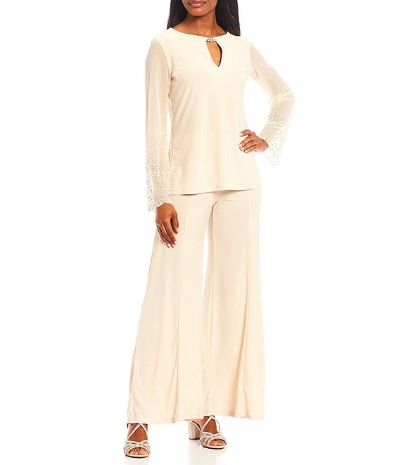 Color:Champagne - Image 1 - Keyhole Rhinestone Neck Beaded Bell Long Sleeve Matte Jersey 2-Piece Pant Set