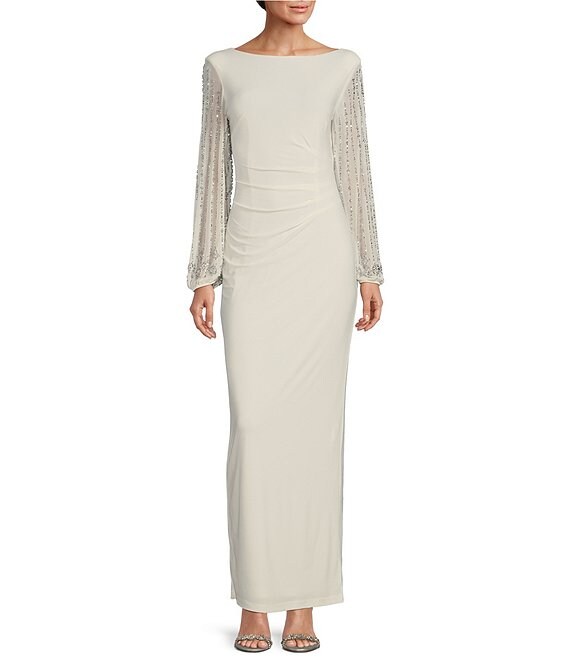 Marina Boat Neck Long Beaded Sleeve Matte Jersey Gown