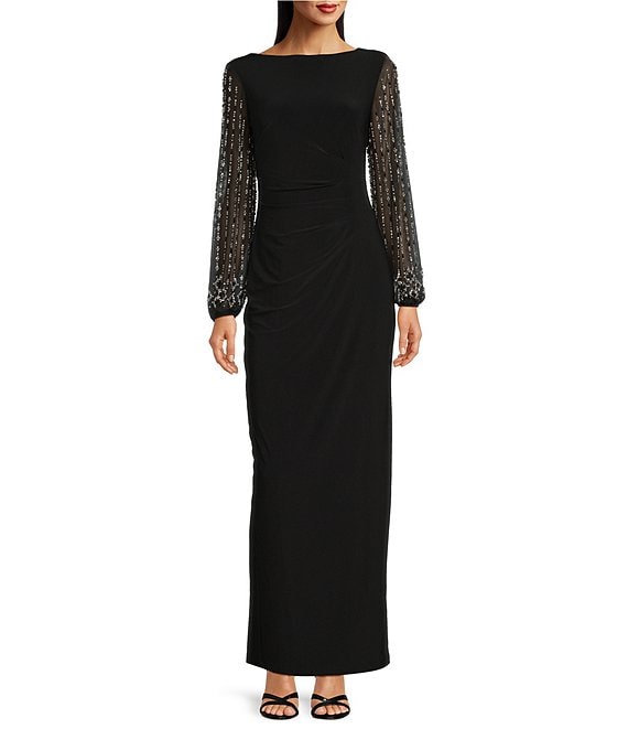 fitted lace wedding dress Eterne Long Sleeve Boatneck Maxi Dress in BLACK. Size XL main image 1