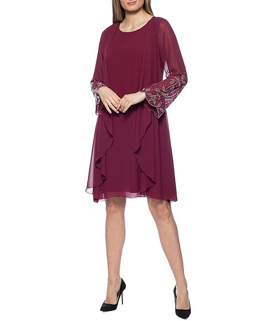 Color:Wine - Image 1 - 3/4 Sleeve Round Neck Beaded Chiffon Flyaway Dress