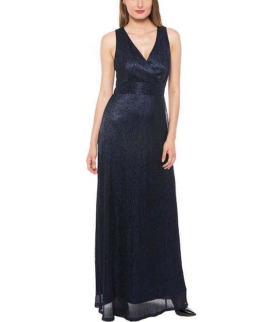 Color:Navy - Image 1 - Metallic Knit Sleeveless Surplice V-Neck Long Gown