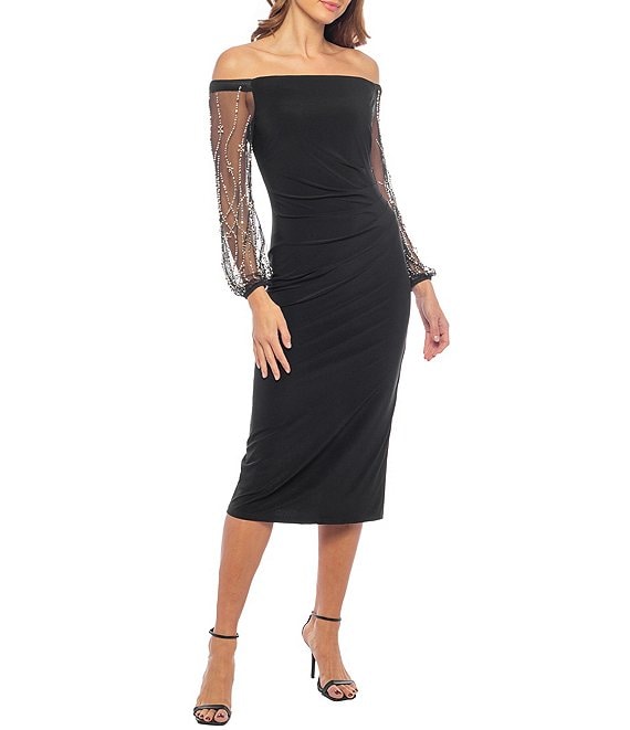 Marina Off the Shoulder Neck Long Beaded Sleeve Side Ruched Sheath Dress