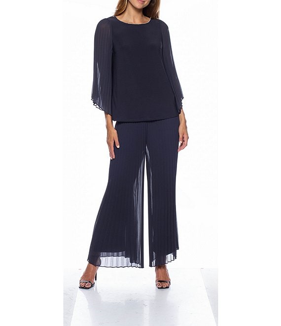 Color:Navy - Image 1 - Pleated Chiffon Round Neck Long Illusion Wing Sleeve 2-Piece Pant Set