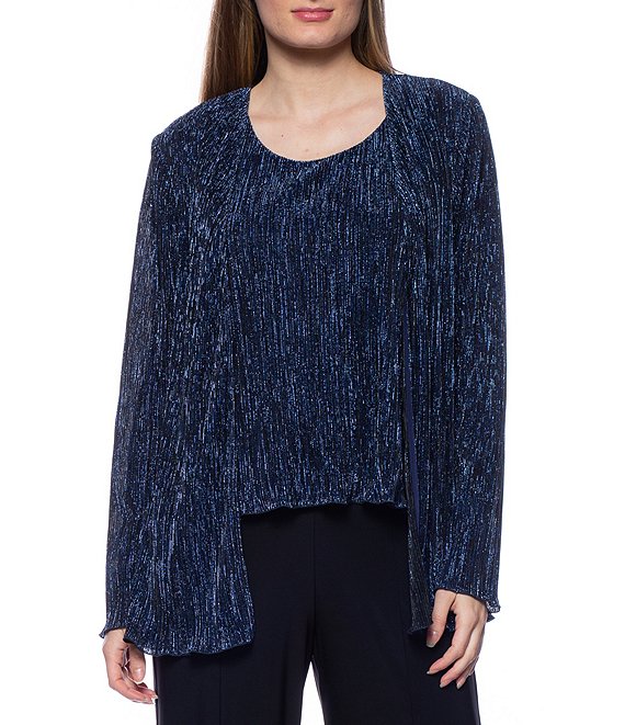 Color:Navy/Black - Image 1 - Pleated Metallic Round Neck Long Sleeve Twinset