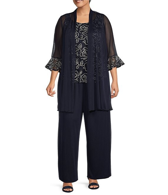 Color:Navy/Ivory - Image 1 - Plus Size 3/4 Flared Cuff Sleeve Round Neck Embroidered Soutache Lace 2-Piece Jumpsuit Set