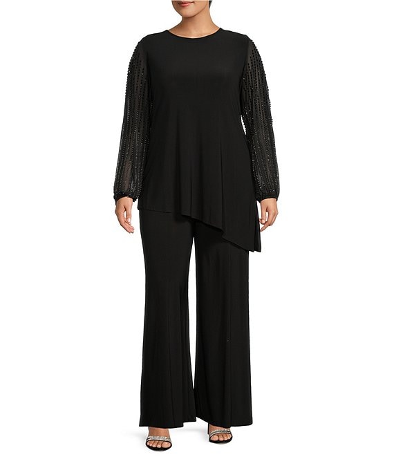 Color:Black - Image 1 - Plus Size Beaded Long Sleeve Jewel Neck 2-Piece Pant Set