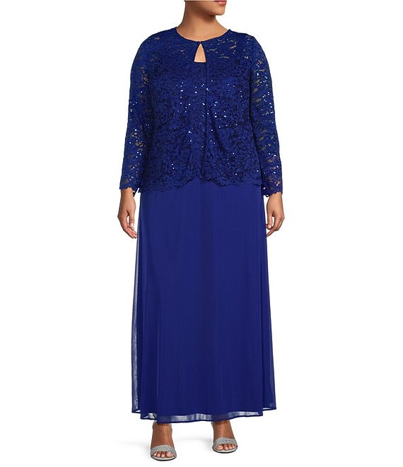 Color:Royal - Image 1 - Plus Size Glitter Lace Jacket Matte Jersey Chiffon Skirt Long Sleeve Square Neck 2-Piece Gown