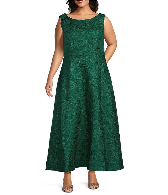 Marina Plus Size Jacquard Brocade Sleeveless Bow Shoulder Gown, Green - Image 1