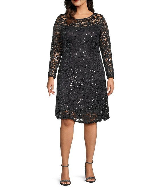 Marina Plus Size Sequin Lace Round Neck 3/4 Sleeve Dress | Dillard's