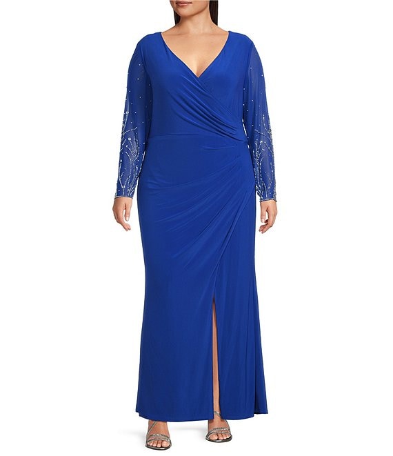 Marina Plus Size Side Slit Beaded Sleeve Dress, Royal - Image 1