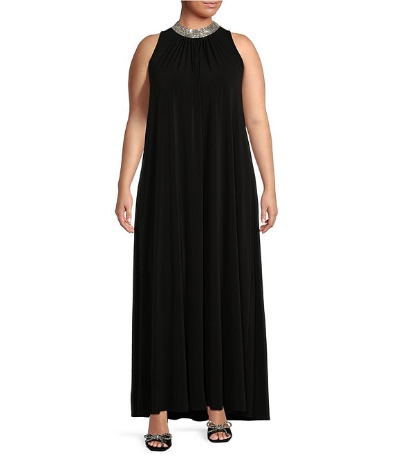 Marina Plus Size Sleeveless Rhinestone Mock Neck Trapeze Gown | Dillard's