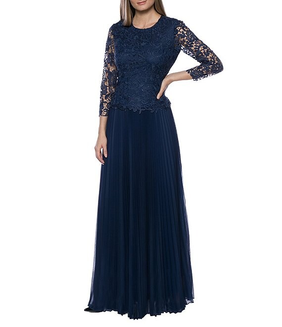 Marina Round Neck 3/4 Sleeve Lace Pleated Crepe Chiffon Gown | Dillard's