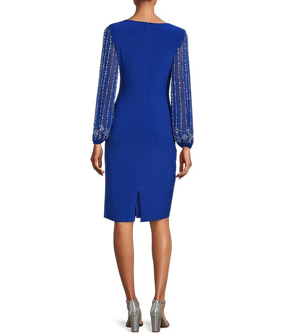 marina lace dress plus size Marina Round Neck Beaded Lace Long Sleeve Side Drape Sheath Dress, Womens, 12, Cobalt