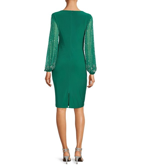 marina beaded long sleeve sheath dress Marina Round Neck Beaded Lace Long Sleeve Side Drape Sheath Dress, Womens, 12, Cobalt