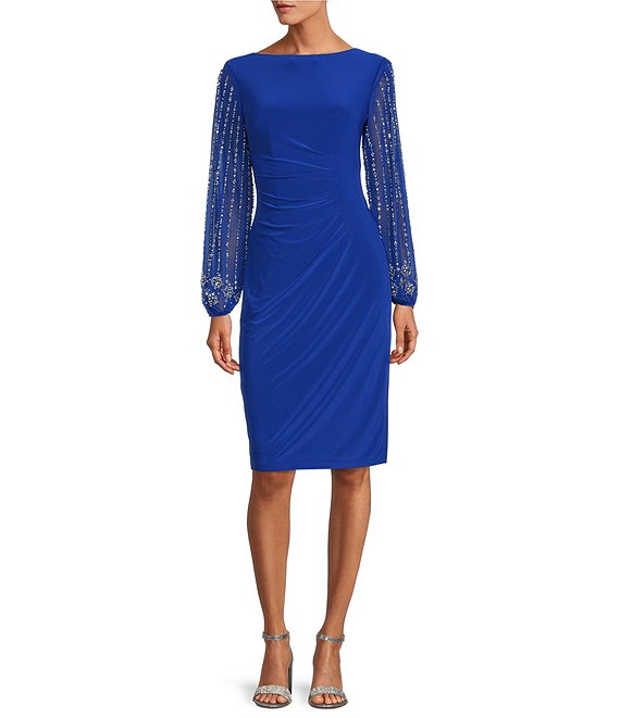 Color:Cobalt - Image 1 - Round Neck Beaded Lace Long Sleeve Side Drape Sheath Dress