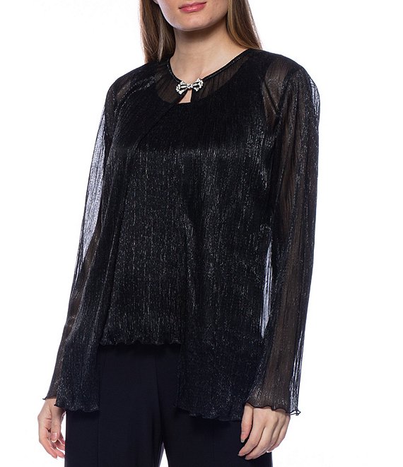 Color:Black - Image 1 - Round Neck Illusion Long Sleeve Pleated Metallic Knit Twinset