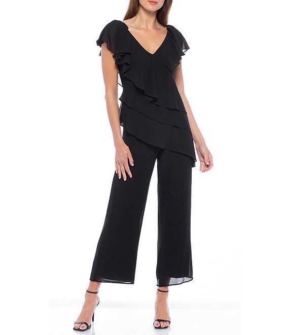 Marina Short Flutter Sleeve V-Neck Asymmetrical Hem Chiffon Jumpsuit ...