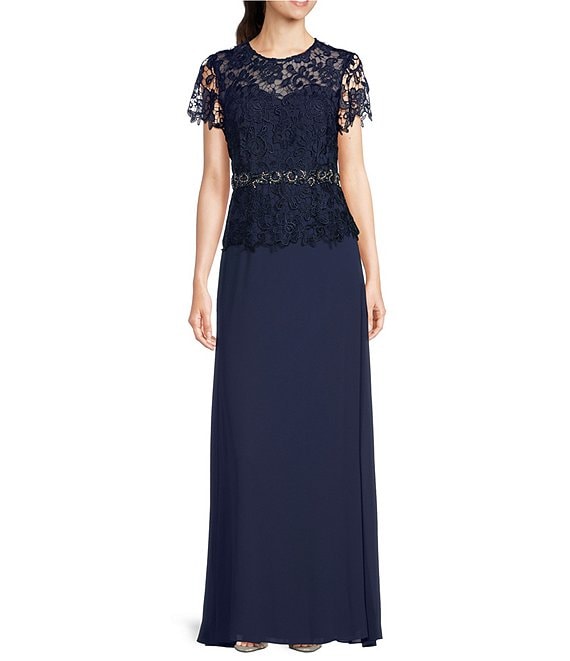 Marina Short Sleeve Crew Neck Mock 2-Piece Chiffon Gown | Dillard's