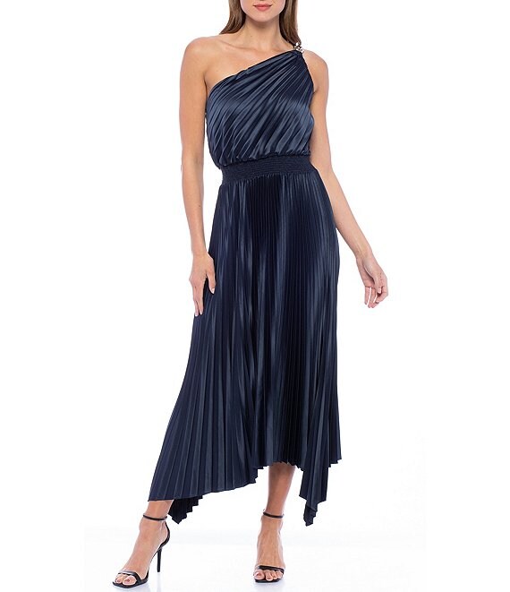 Marina Sleeveless One Shoulder Pleated Smocked Waist Crepe Chiffon Midi 