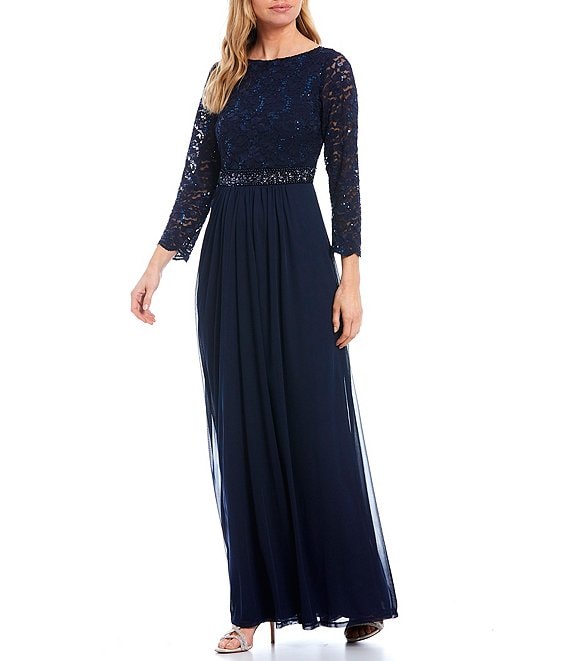 Marina Stretch Sequin Lace Round Neck 3/4 Sleeve Fit and Flare Chiffon ...