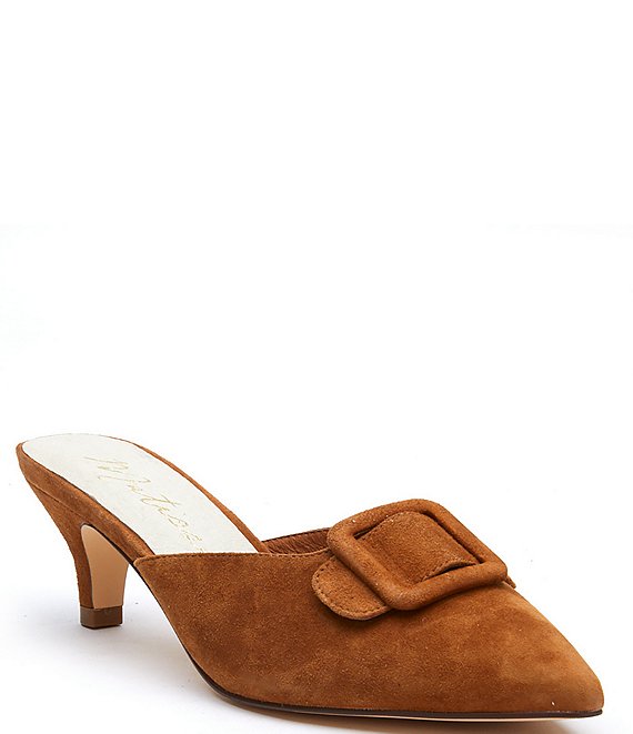 Color:Saddle Suede - Image 1 - Layover Suede Buckle Detail Dress Mules