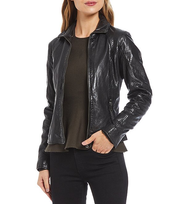 Color:Black - Image 1 - Front Zip Lambskin Leather Long Sleeve Moto Statement Jacket