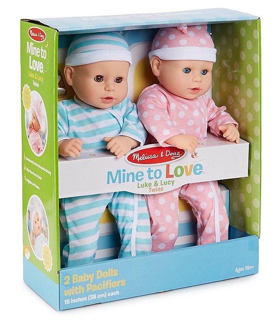 Caps Melissa & Doug Mine to Love Twins Luke & Lucy 15 Light Skin-Tone Boy & Girl Baby Dolls with Rompers Multicolor
