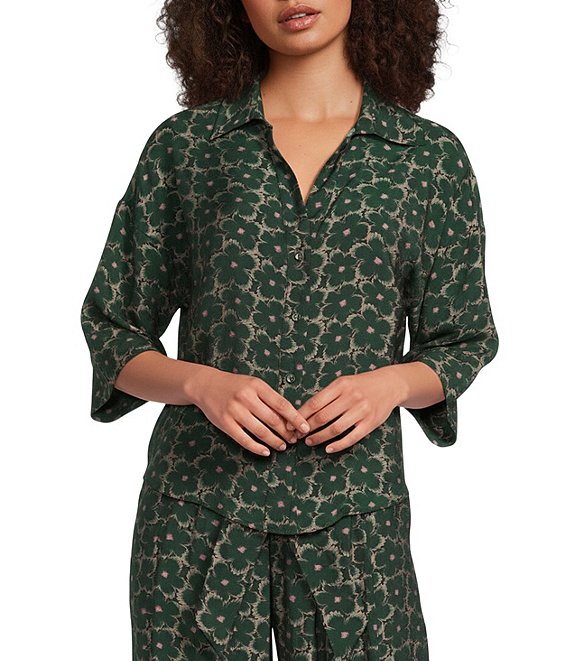 MELLODAY Floral Print Coordinating Tencel Organza Collared V-Neck 3/4 Wide Sleeve Button Front Blouse, Olive Floral - Image 1