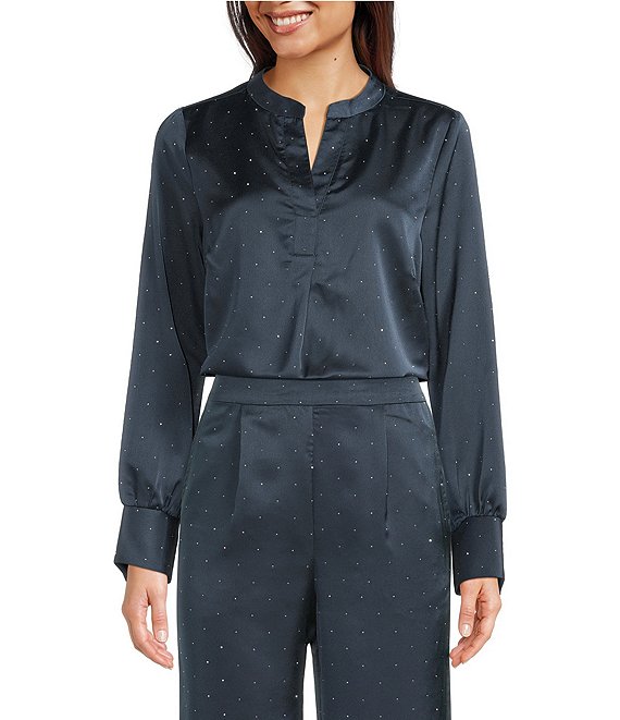 MELLODAY Sequin Bling Satin Split V-Neck Long Sleeve Blouse