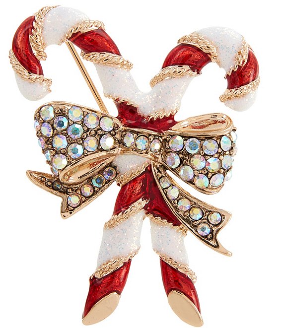 Merry & Bright Crystal Bow Christmas Candy Cane Pin