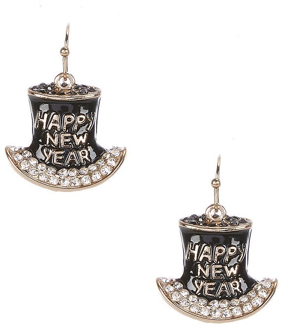 Merry & Bright Happy New Year Hat Rhinestone Drop Earrings
