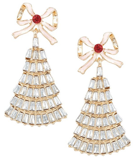 Merry & Bright Holiday Bow Rhinestone Tree Drop Earrings