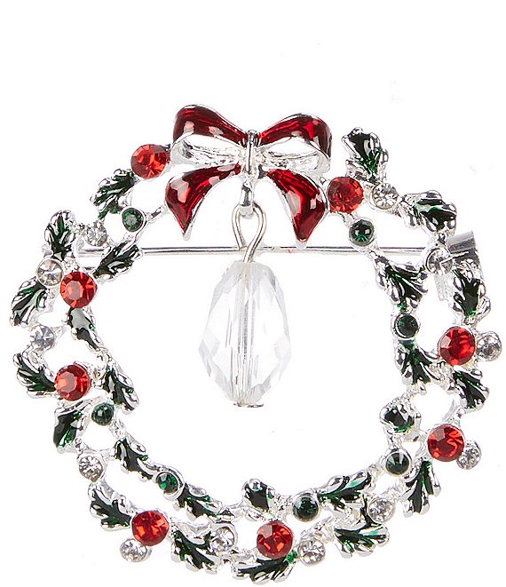 Merry & Bright Holiday Crystal Wreath Brooch