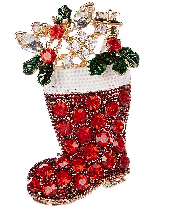 Merry & Bright Holly Stockings Crystal Brooch