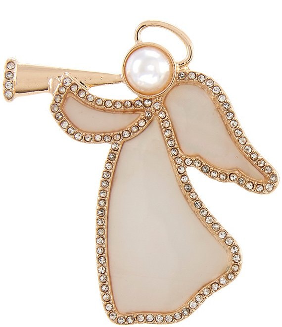 Merry & Bright Pearl Crystal Pave White Shell Paper Angel Pin