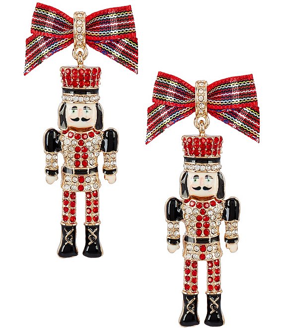 Merry & Bright Red Plaid Bow Nutcracker Drop Earrings