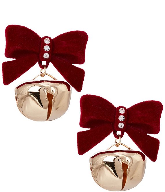 Merry & Bright Red Velvet Bow Jingle Bell Drop Earrings